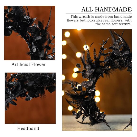 Black Flower Halo Crown - Handmade Gothic Floral Headband with Feather for Women - Picture 5 of 7